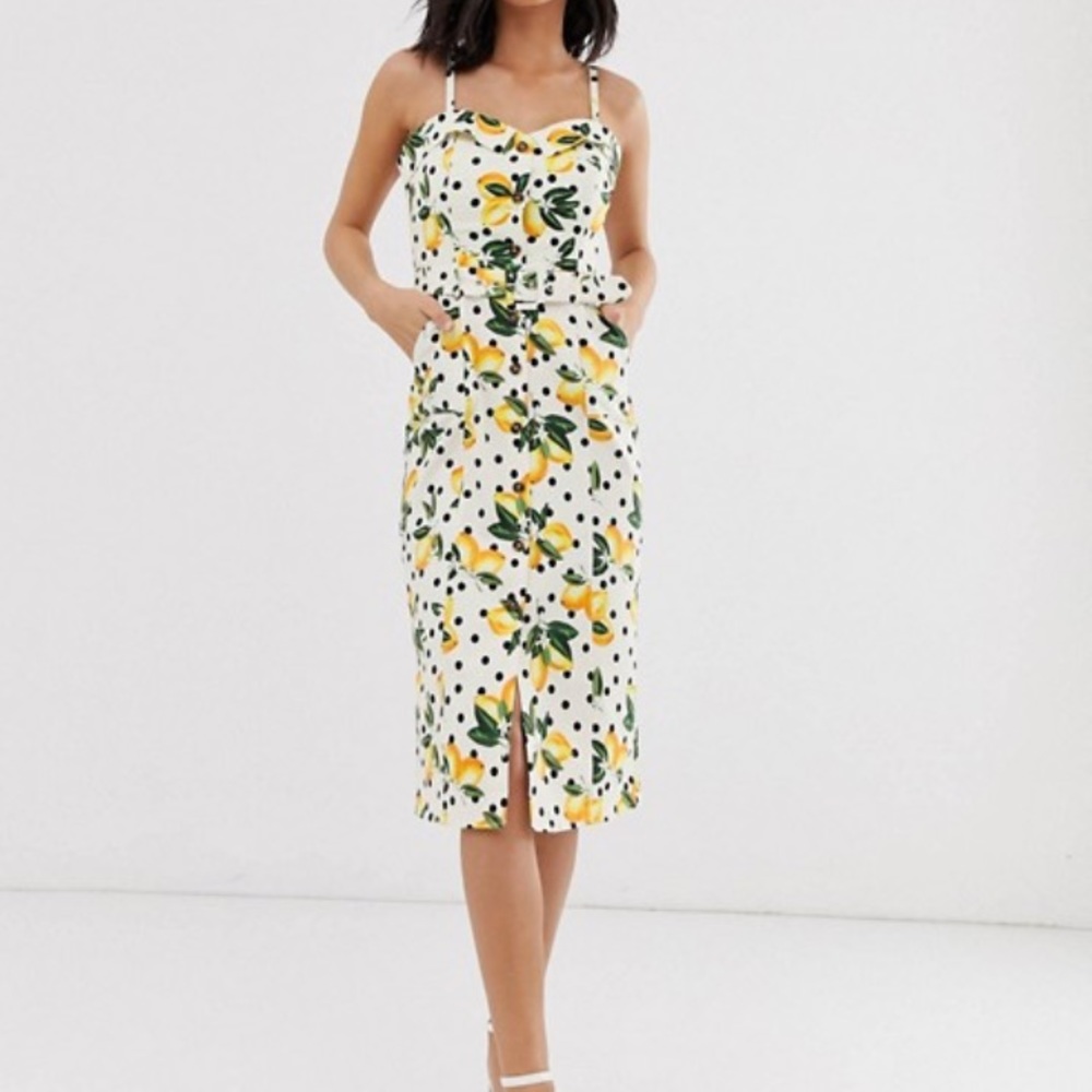 Oasis pencil dress with belt in lemon print